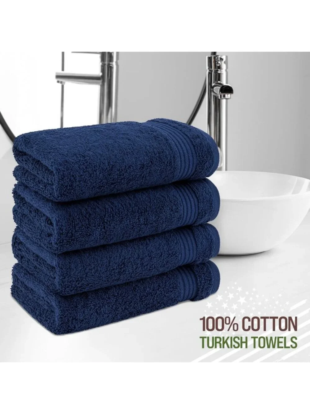 Set of 4 Soft 100% Cotton Turkish Hand Towels - Navy Blue Bathroom Essentials
